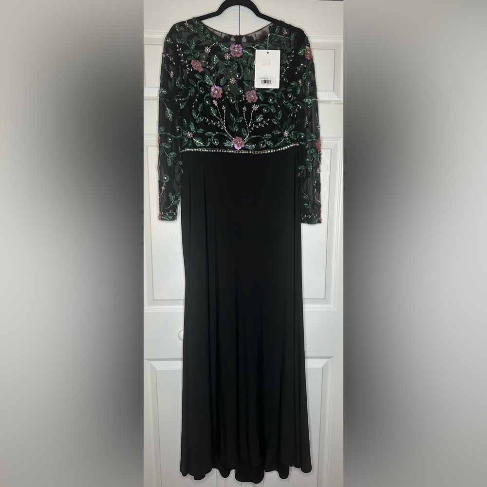 Mac Duggal Black Dress with Green Floral Sleeves - Picture 4 of 9